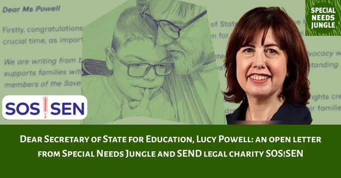 image of Lucy Powell in front of a colourised sketch of a disabled child and father, over a screenshot of the letter