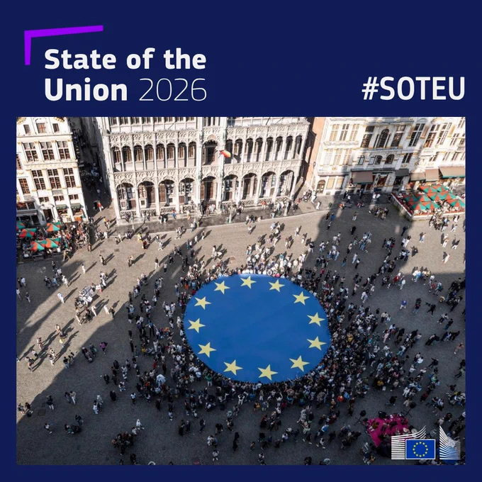 State of the Union 2026 graphic featuring an aerial view of a crowd gathered around a large circular European Union flag in a city square. #SOTEU and the European Commission logo appear above and below the photograph.