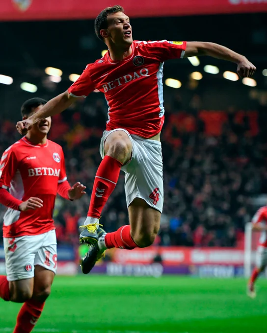 Krystian Bielik celebrates a goal for Charlton Athletic during his loan spell with the Club.