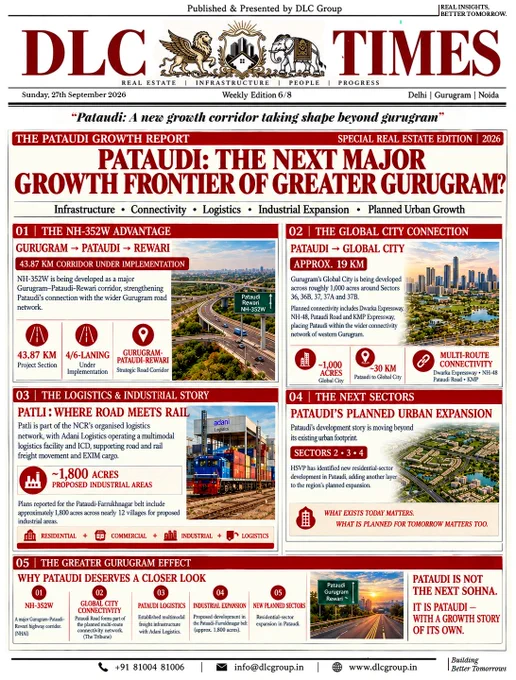 DLC Times Pataudi Growth Report highlighting NH-352W, Global City connectivity, logistics and industrial development, and planned residential expansion across Pataudi Sectors 2, 3 and 4